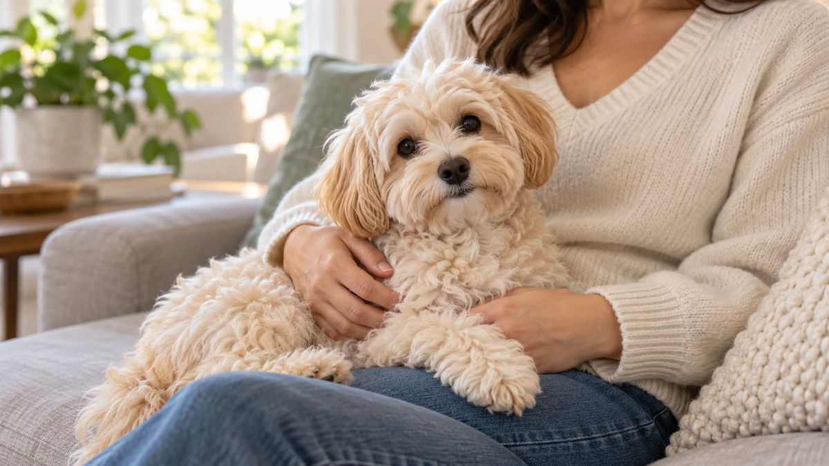 Maltipoo köpek — sahibinin kucağında