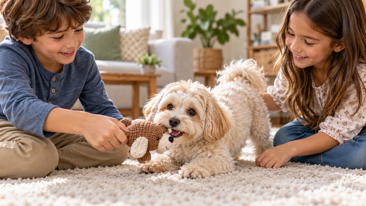 Maltipoo köpek — çocuklarla oyun