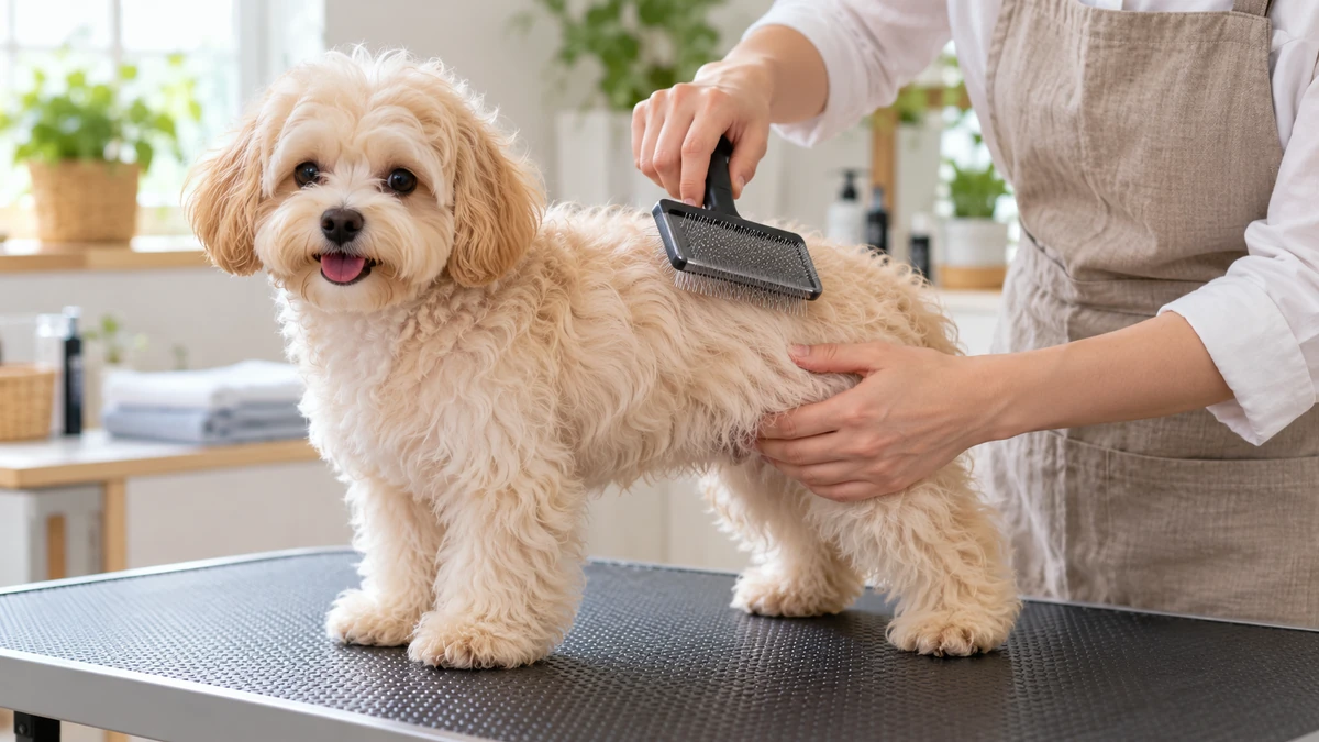 Maltipoo yavru köpek — tüy bakımı ve fırçalama