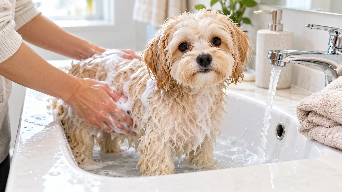 Maltipoo köpek — banyo ve temizlik