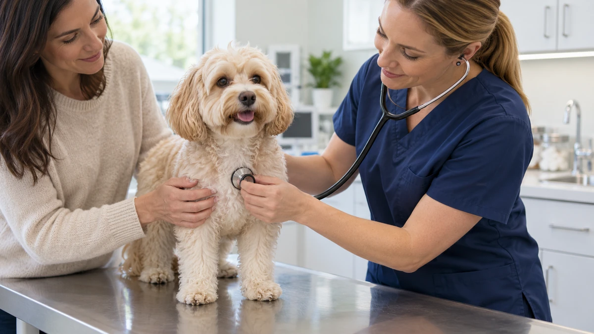 Maltipoo köpek — veteriner kontrolü