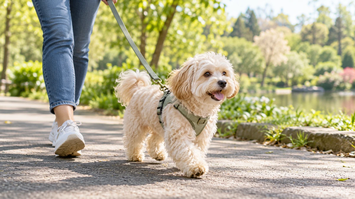 Maltipoo köpek — parkta yürüyüş ve egzersiz